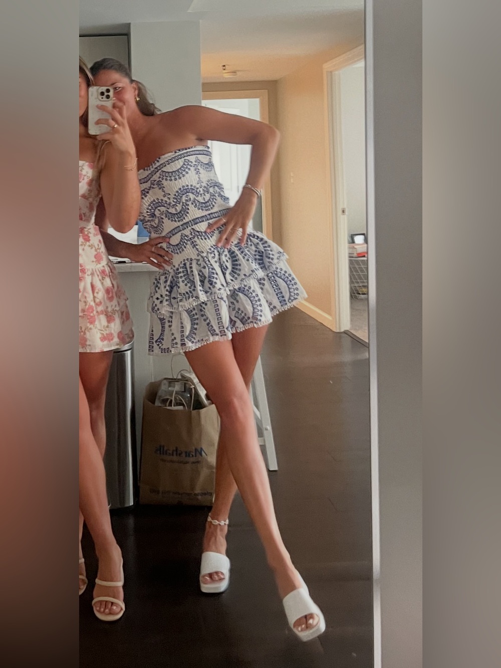 White and Navy Embroidered Ruffled Mini Dress